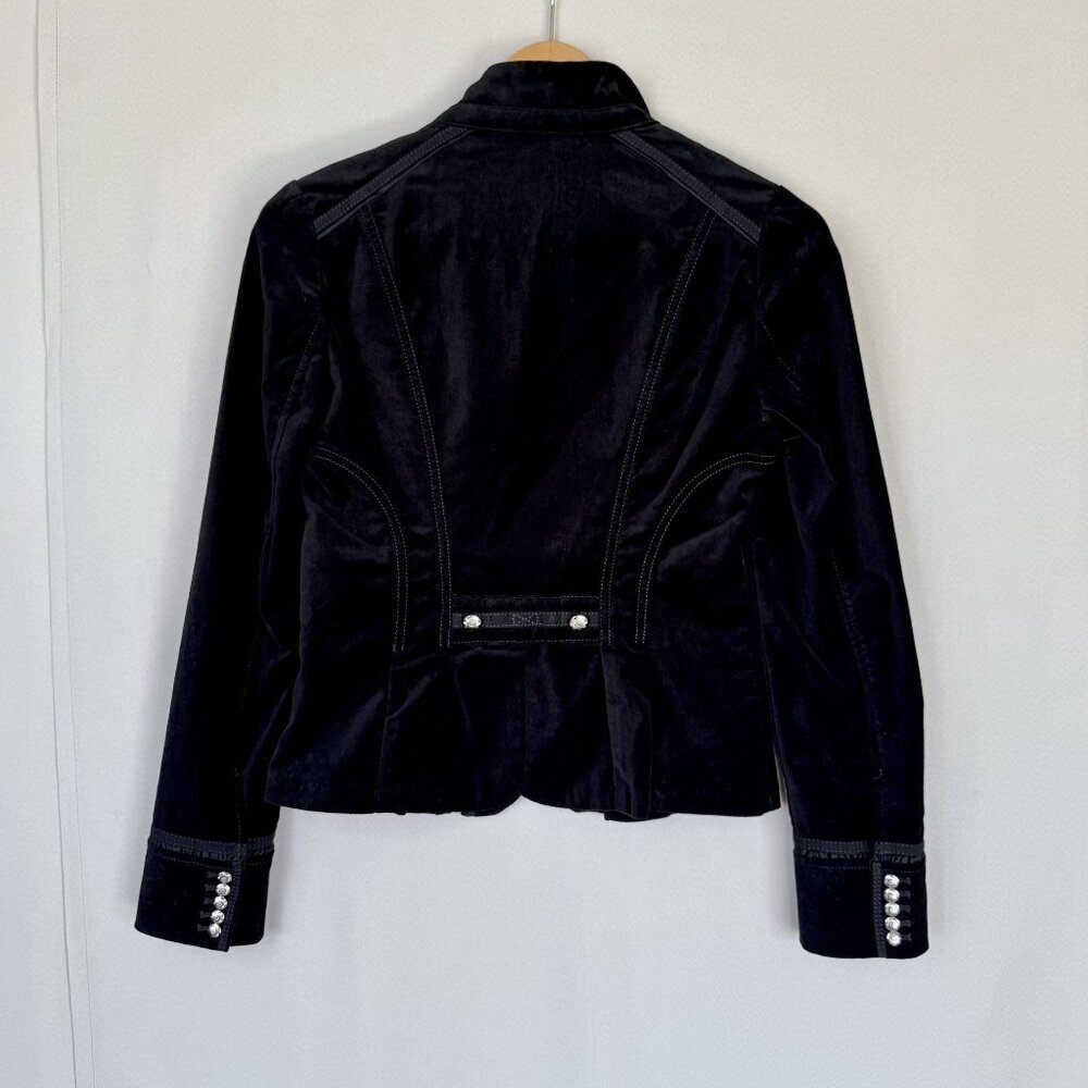 Y2K WHBM Black Stretch Velvet High Collar Silver Button Military Blazer Size 4 - Picture 8 of 17